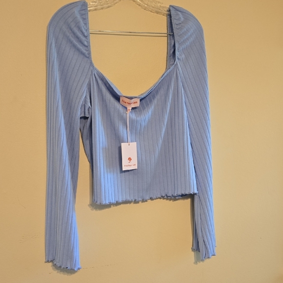 Lisa Says Gah Tops - Lisa Says Gah Blue Ribbed Crop Blouse